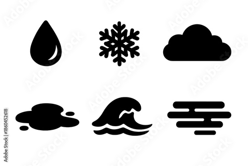 Weather Icons. Solid vector icons of weather and water: raindrop, snowflake, cloud, puddle, wave, mist No text, No labels,