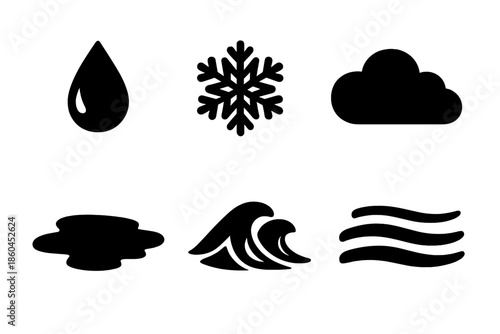 Weather Icons. Solid vector icons of weather and water: raindrop, snowflake, cloud, puddle, wave, mist No text, No labels,