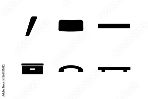 Modern Furniture Icons. Solid vector icons of modern furniture details: angled leg, backrest, tabletop, drawer, handle, shelf No