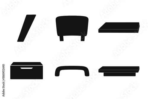 Modern Furniture Icons. Solid vector icons of modern furniture details: angled leg, backrest, tabletop, drawer, handle, shelf No