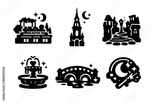Enchanting Cityscape Icons. Solid vector icons of cityscape elements with magic: rooftop garden, spire, cobblestone street,