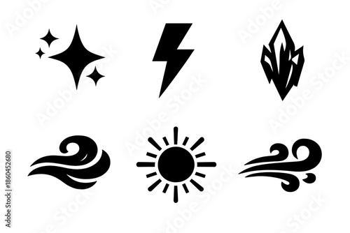 Magical Weather Icons. Solid vector icons of magical weather effects: spark, lightning bolt, frost shard, mist swirl, sunbeam,