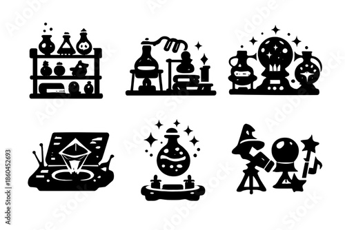 Whimsical Lab Setup Icons. Solid vector icons of whimsical lab setups: potion shelf, alchemy table, glowing equipment, holographic