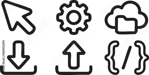 Six black outline representing computer functions cursor gear cloud folder download upload code