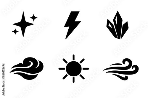Magical Weather Icons. Solid vector icons of magical weather effects: spark, lightning bolt, frost shard, mist swirl, sunbeam,