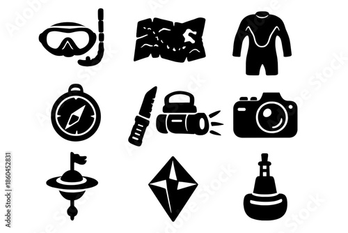 Sea Exploration Icons. Solid style icons of Sea Exploration Gear: snorkel mask, flippers map, wetsuit compass, diving knife