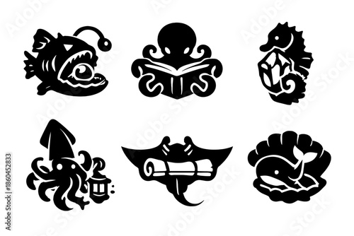 Deep Sea Icons. Solid style icons of Deep Sea Creatures: anglerfish pearl, octopus book, seahorse crystal, squid lantern, manta