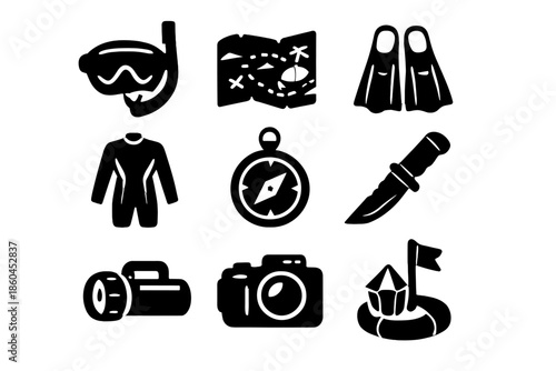 Sea Exploration Icons. Solid style icons of Sea Exploration Gear: snorkel mask, flippers map, wetsuit compass, diving knife