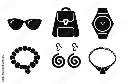 Geometric Accessory Icons. Solid style icons of Accessories + Forms: sunglasses rhombus, backpack trapezoid, watch hexagon,