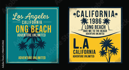 Vintage California Travel Posters featuring Los Angeles and Long Beach with Palm Trees.