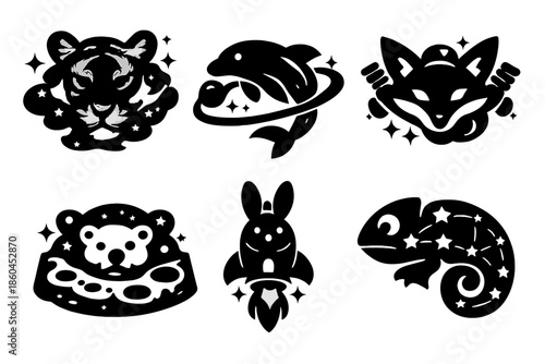 Interstellar Fauna Icons. Solid style icons of Interstellar Fauna: tiger nebula, dolphin orbit, fox satellite, bear crater, rabbit