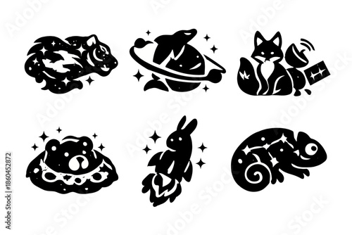 Interstellar Fauna Icons. Solid style icons of Interstellar Fauna: tiger nebula, dolphin orbit, fox satellite, bear crater, rabbit