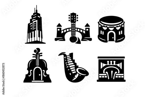 Instrumental Iconic Structures. Solid style icons of Music + Architecture: piano tower, guitar bridge, drum house, violin door,