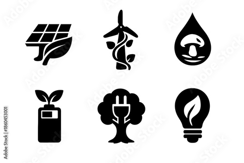 Green Energy Icons. Solid style icons of Green Energy: solar panel leaf, wind turbine vine, water droplet mushroom, battery seed,