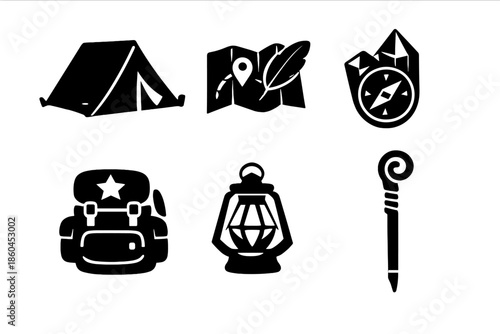 Adventure Tools Icons. Solid style icons of Adventure Tools: tent lantern, map feather, compass crystal, backpack star, lantern