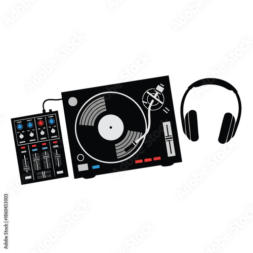 A DJ setup with a turntable, mixer, and headphones on a white background