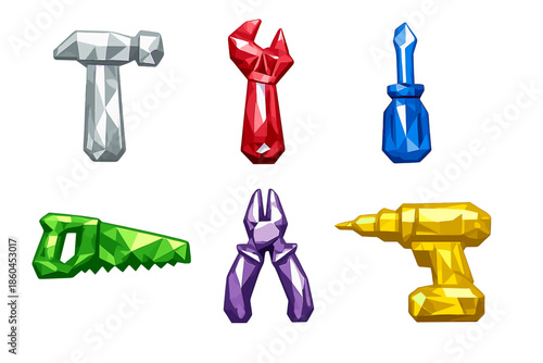 Gemstone Tool Icons. Solid style icons of Crystals + Tools: quartz hammer, ruby wrench, sapphire screwdriver, emerald saw,