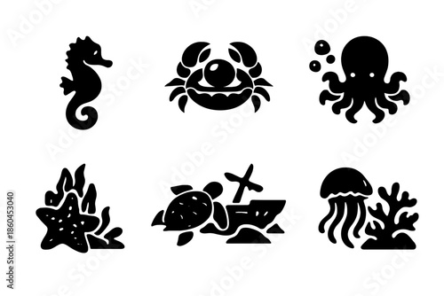 Marine Wildlife Icons. Solid style icons of Marine Wildlife: seahorse kelp, crab pearl, octopus bubble, starfish algae, turtle