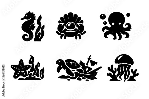 Marine Wildlife Icons. Solid style icons of Marine Wildlife: seahorse kelp, crab pearl, octopus bubble, starfish algae, turtle