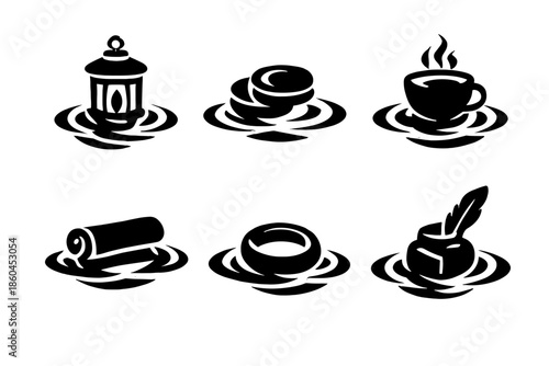 Flowing Ripple Icons. Solid style icons of Flowing Items: lantern ripple, coin ripple, cup ripple, scroll ripple, ring ripple, ink