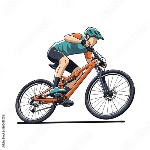 A cyclist in motion on an orange mountain bike. Cartoon style. White background