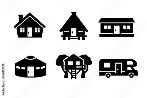 Tiny Homes Icons. Solid style icons of Tiny Homes: cabin pentagon, hut triangle, bungalow square, yurt circle, treehouse hexagon,