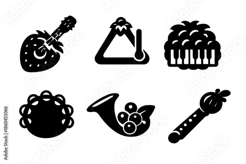 Berry Musical Instruments. Solid style icons of Berry Melodies: strawberry guitar, blueberry triangle, raspberry piano, blackberry