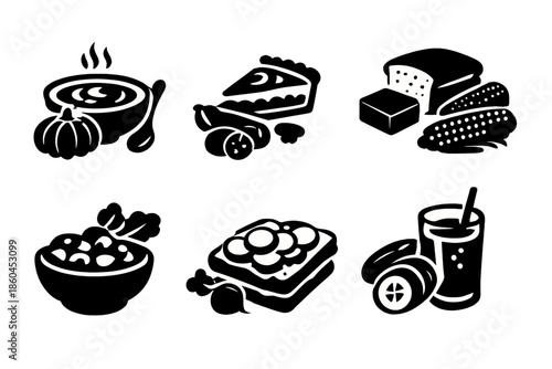 Farm-to-Table Icons. Solid style icons of Farm-to-Table: pumpkin soup, zucchini pie, corn bread, beet salad, radish sandwich,