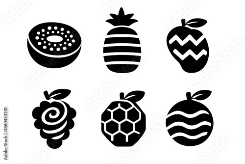 Patterned Produce Icons. Solid style icons of Patterned Produce: kiwi dot, pineapple stripe, mango zigzag, grape spiral, lemon
