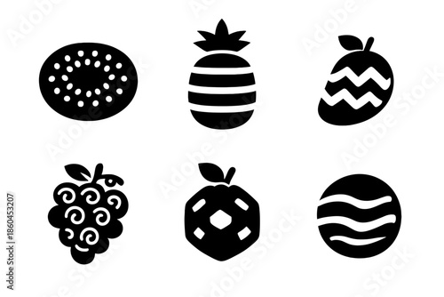 Patterned Produce Icons. Solid style icons of Patterned Produce: kiwi dot, pineapple stripe, mango zigzag, grape spiral, lemon