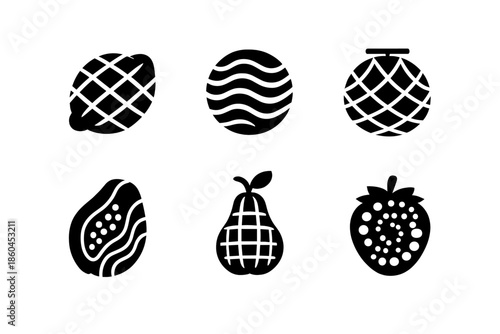 Culinary Texture Icons. Solid style icons of Culinary Textures: lemon lattice, orange ripple, melon mesh, papaya wave, pear grid,