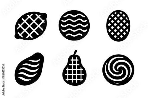 Culinary Texture Icons. Solid style icons of Culinary Textures: lemon lattice, orange ripple, melon mesh, papaya wave, pear grid,