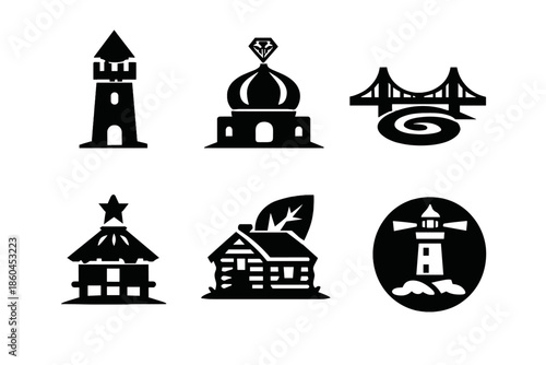 Landmark Shape Icons. Solid style icons of Landmark Shapes: tower arrow, dome diamond, bridge spiral, hut star, cabin leaf,