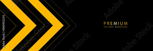Abstract black wide horizontal banner background with arrows and angles, gray and yellow lines element. Modern simple creative design. eps10, web