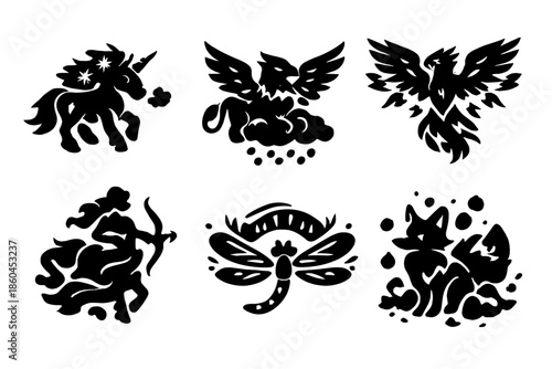 Magical Weather Icons. Solid style icons of Magical Weather Animals: frost unicorn, rain griffin, storm phoenix, mist centaur,