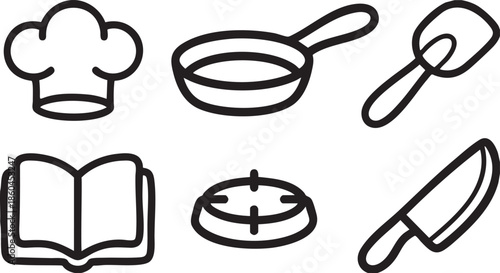 Black outline of chef hat frying pan spatula open book stove and knife cooking food kitchen