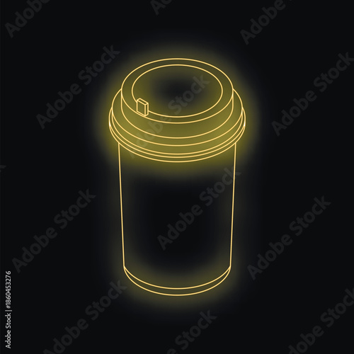Glowing neon yellow outline of a disposable coffee cup with a lid on a black background, symbolizing modern beverage trends