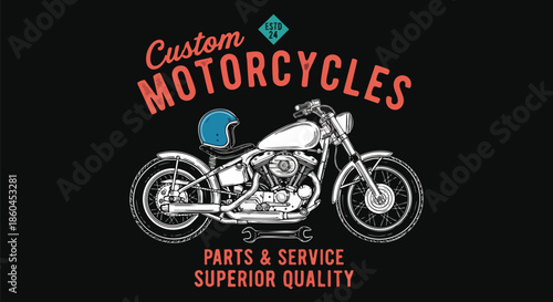 Vintage Custom Motorcycle Illustration with Parts & Service Text.
