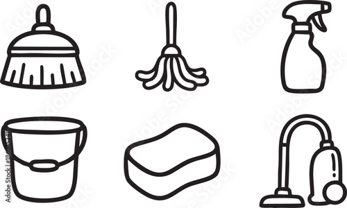Collection of hand drawn cleaning supplies including broom mop spray bottle bucket sponge and vacuum