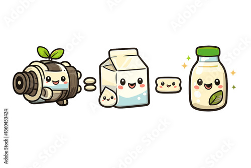 Cute Vegan Milk Icons. Doodle-style vector icon of a vegan alternator, classic milk carton and plant-based milk bottle connected