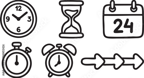 Collection of hand drawn black representing time management and scheduling clock hourglass sand