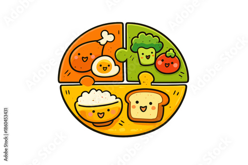 Balanced Nutrition Puzzle. Doodle-style vector icon of a perfect balance plate, macronutrients represented as cute puzzle wedges