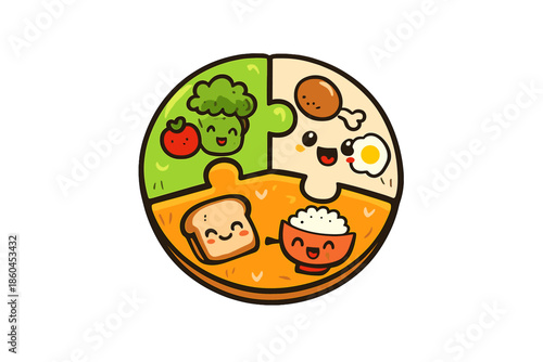 Balanced Nutrition Puzzle. Doodle-style vector icon of a perfect balance plate, macronutrients represented as cute puzzle wedges