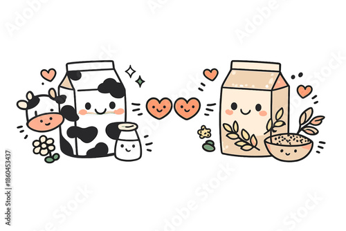 Cow and Oat Milk. Doodle-style vector icon of cow milk and oat milk shown as equal choices, friendly faces, gentle curves, many