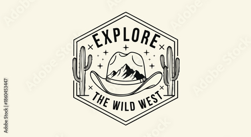 Vintage Explore The Wild West Cowboy Hat and Cactus Emblem Design.
