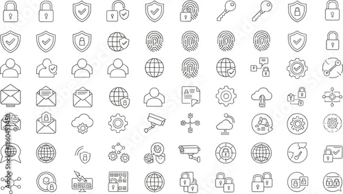 Mega set of cyber security and data privacy line icons featuring padlocks shields fingerprints global network protection surveillance and secure cloud computing symbols