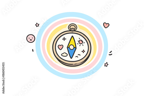 Emotional Guidance Compass. Doodle-style vector icon of an emotional guidance compass, inner aura rings showing mind states, happy