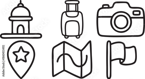 Collection of simple black line travel including building suitcase camera map pin and flag