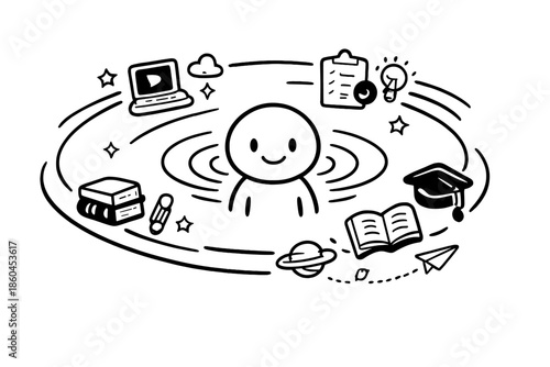 Learning Orbit Icon. Doodle-style vector icon of learning orbit, a smiling user figure at the center with gentle gravity waves,