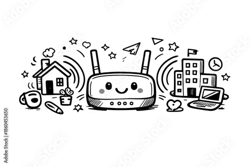 Hybrid Work Router. Doodle-style vector icon of a hybrid work router, friendly device sending balanced signal waves toward home